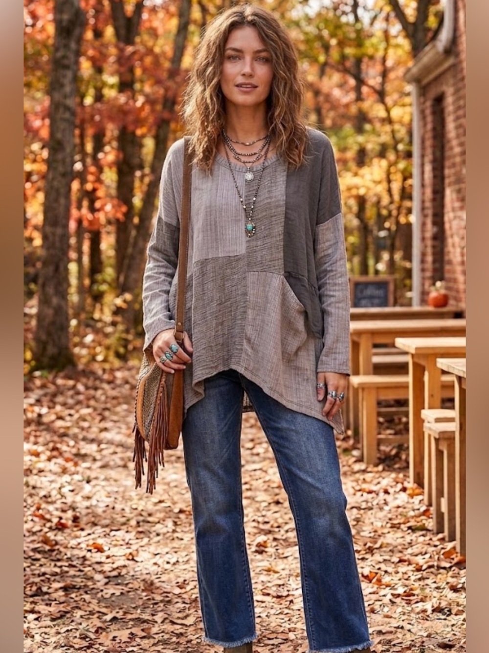 Focus Comfort Line Gray Gauze Asymmetrical Pocket Relaxed Tunic Top Artsy Boho M